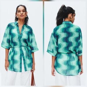 Devon Windsor Gala Cover-Up Shirt Collared neck 3/4 Sleeve Top Size S